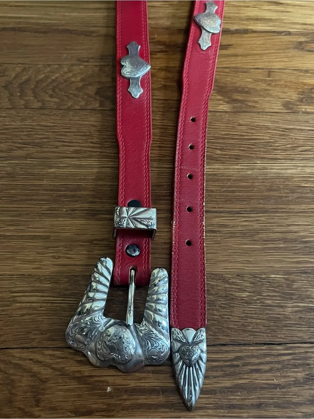 Justin red leather belt 525rd womens vintage silver hearts western 30